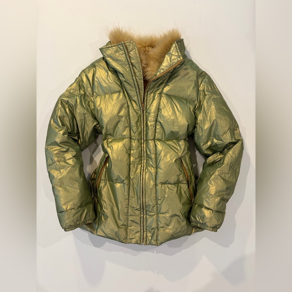 The Limited Down Puffer Liquid Green Gold Metallic Shimmer Jacket Fur Hood